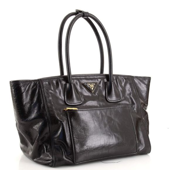 Prada Front Pocket Wing Convertible Tote Glazed Leather Black - Picture 2 of 10